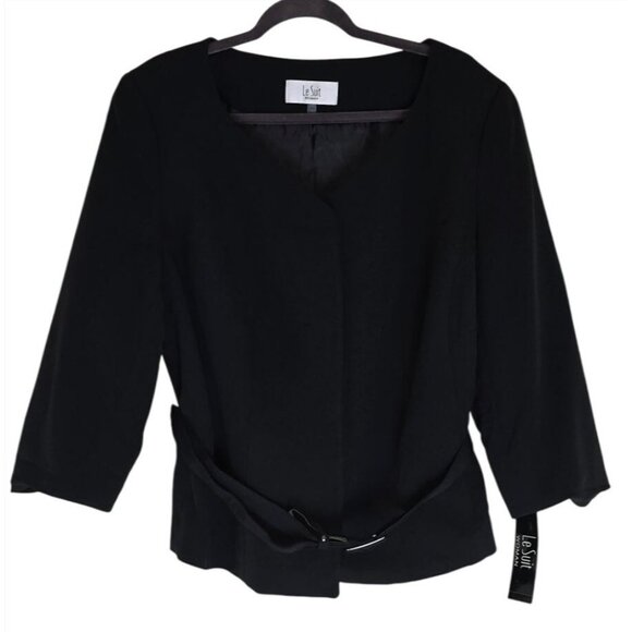Le Suit Womens Black Jacket With Belt 3/4 Sleeves Size 16W Polyester Blend New W - Picture 1 of 8